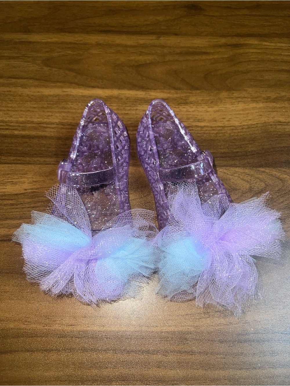 Old Navy Purple Glitter Jelly Flats with Tulle Pom Poms